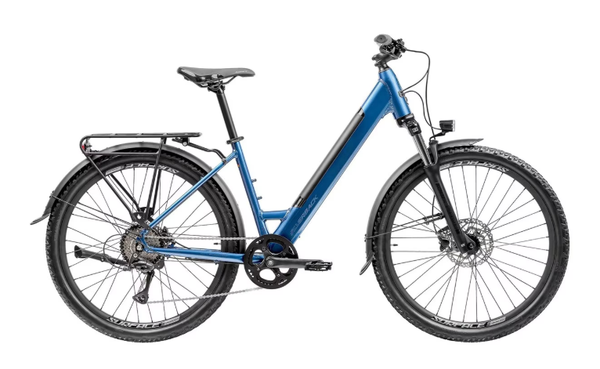 Deep passion blue step-through bicycle with front suspension fork and disc brakes