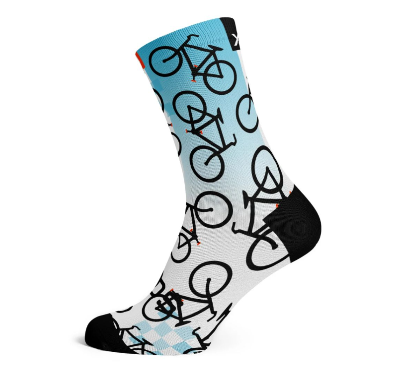 Sox Bikes 2.0 crew socks, light blue with black bike icons and red details, black toe/heel