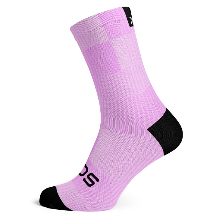 Pink crew socks with black toe and heel, Sox logo on midfoot.