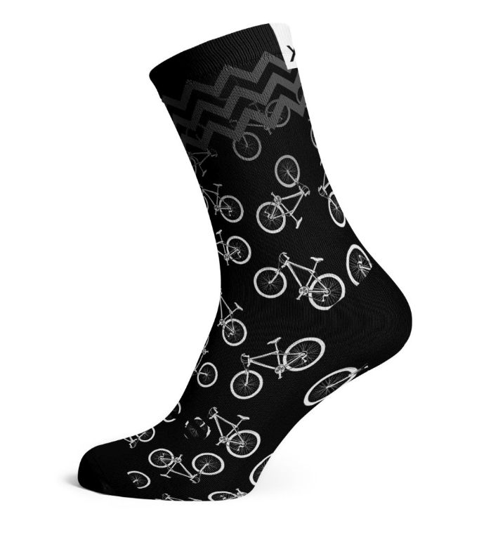 Bikes crew socks in black with repeating bicycle pattern and contrast logo details