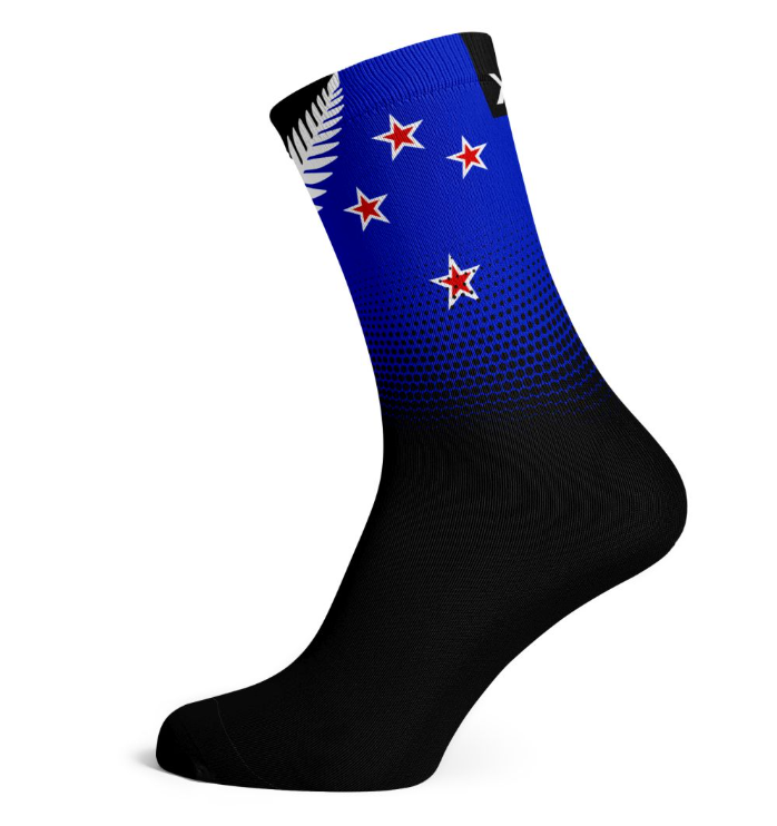 Crew socks with blue top featuring fern and stars, black toe and heel.