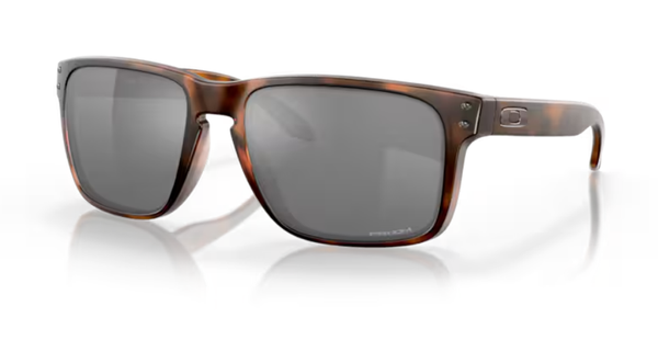 Oakley square sunglasses with matte brown frame and dark Prizm lenses, temple logo