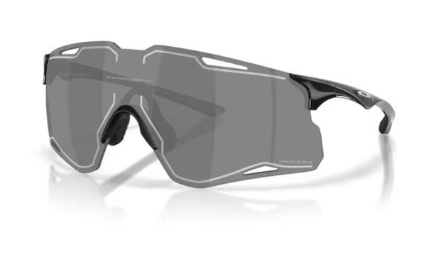 Wraparound sports sunglasses with dark gray mirrored lenses and black frame