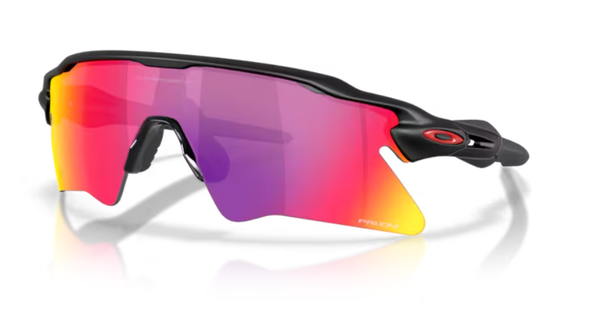 Oakley Radar EV sunglasses with matte black frame and red-purple Prizm Road lenses