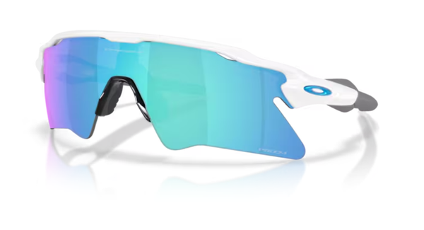 Oakley Radar EV heater sunglasses with white frame and Prizm Sapphire blue mirror lenses