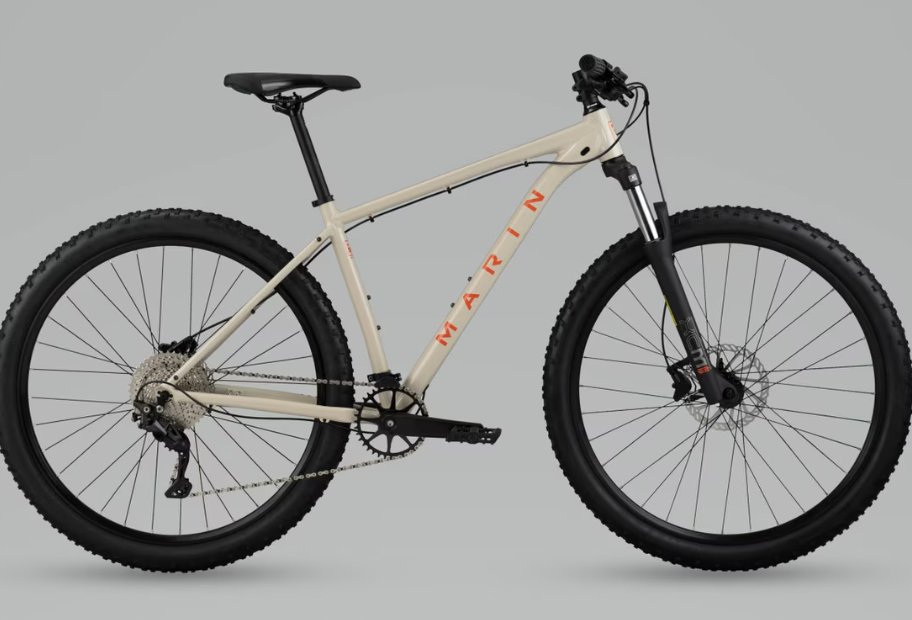 White Marin Pioneer trail mountain bike with front suspension and disc brakes