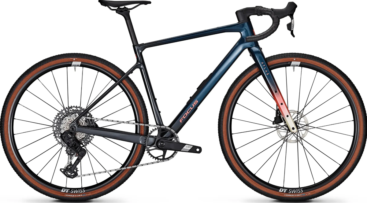 Blue road bike with black components and orange-brown rim accents, front view