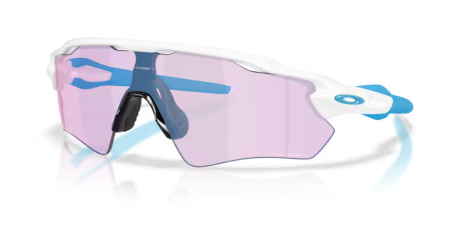 Oakley Radar EV Path sports sunglasses with white frame, blue accents, and purple-tinted shield lens