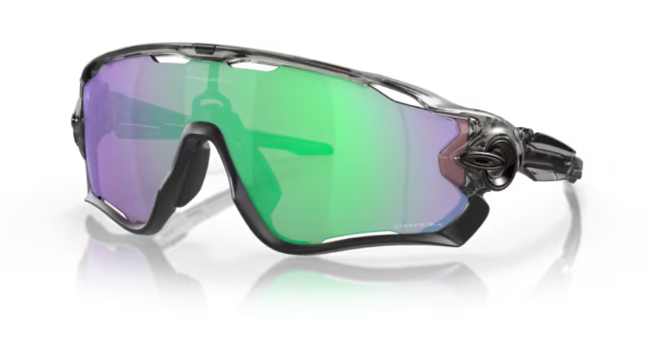 Oakley Jawbreaker cycling sunglasses with a grey frame and green-purple mirrored lens