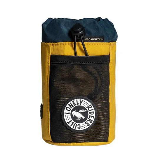Universal cycling bag with drawcord, yellow and dark teal, mesh front pocket