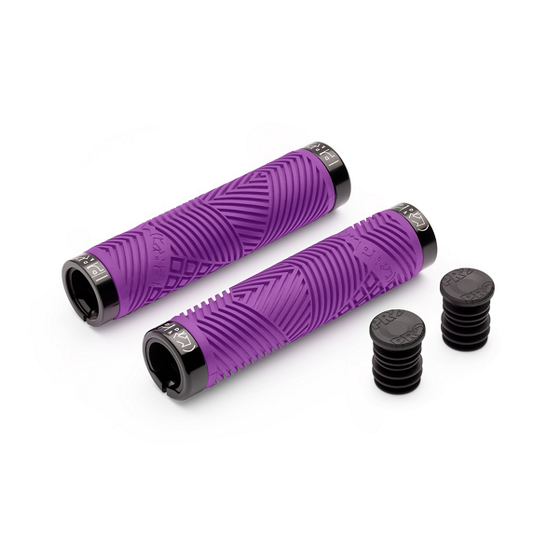 Purple lock-on skateboard grips with textured pattern, black end rings and caps