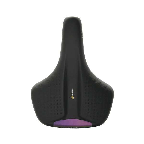 Black bicycle saddle with reflective yellow logo and purple rear accent