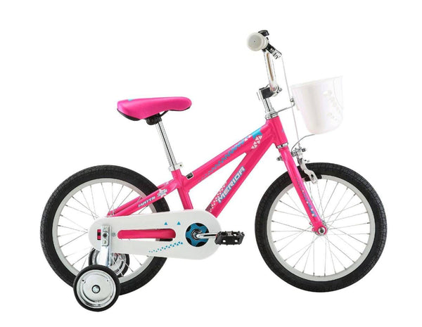Girls' bicycle in pink with blue accents, white handlebar and training wheels
