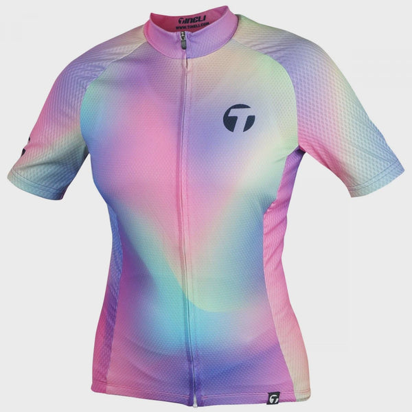 Women's Aurora jersey, short-sleeve cycling top with full zipper and iridescent gradient