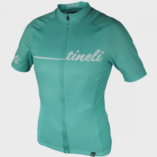 Women's cycling jersey in teal, short sleeves, full zip front, textured fabric, logo